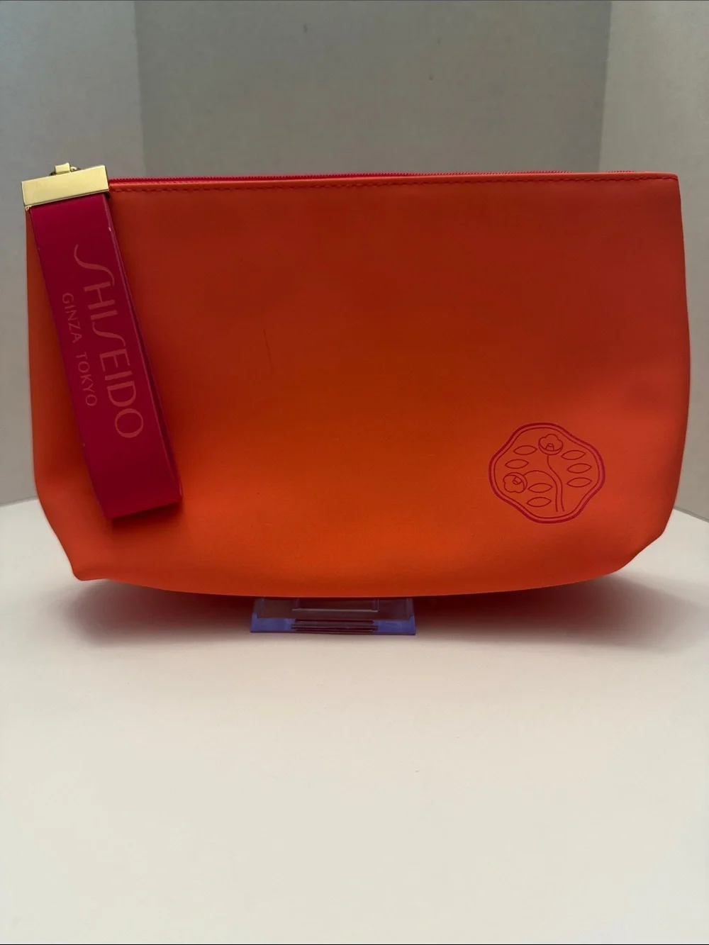 Shiseido Orange and Pink Zip Cosmetic Bag 10” x 6” x 3” Deep